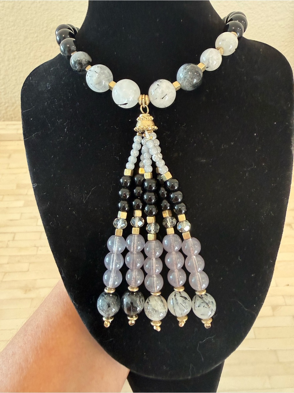 Handcrafted Black and Gray Beaded Tassel Necklace